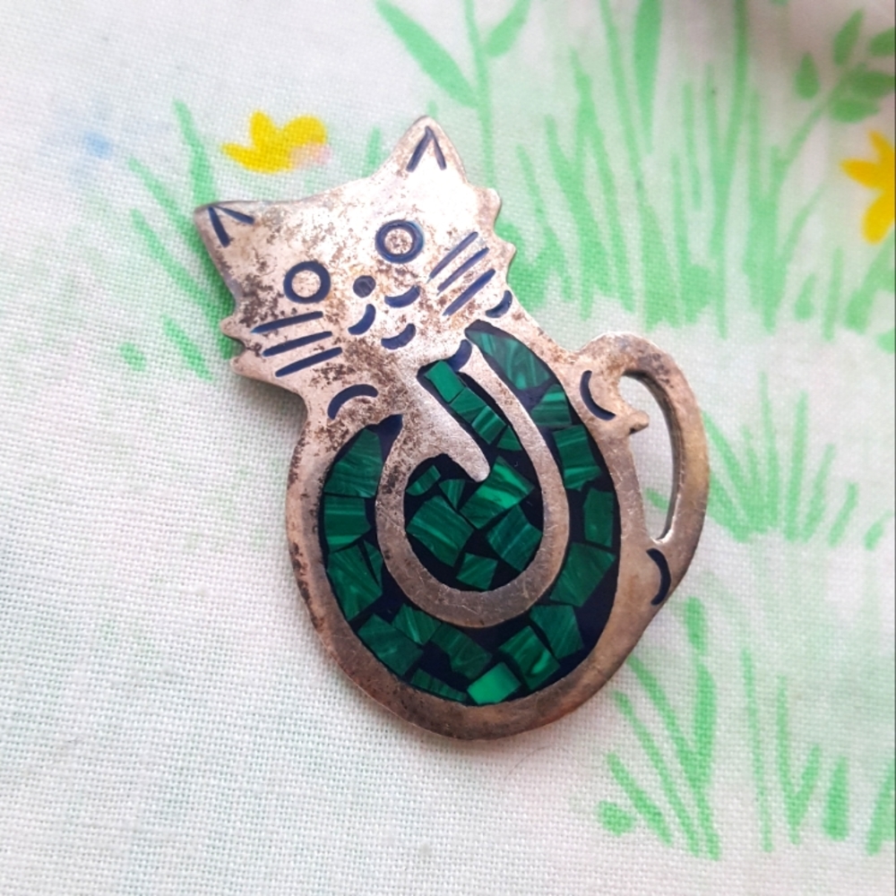 🌙Vintage Signed 925 Malachite Cat Brooch Mexico TL-29